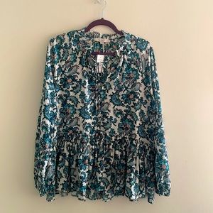 LOFT Blue & White Paisley Peplum Top Size Large